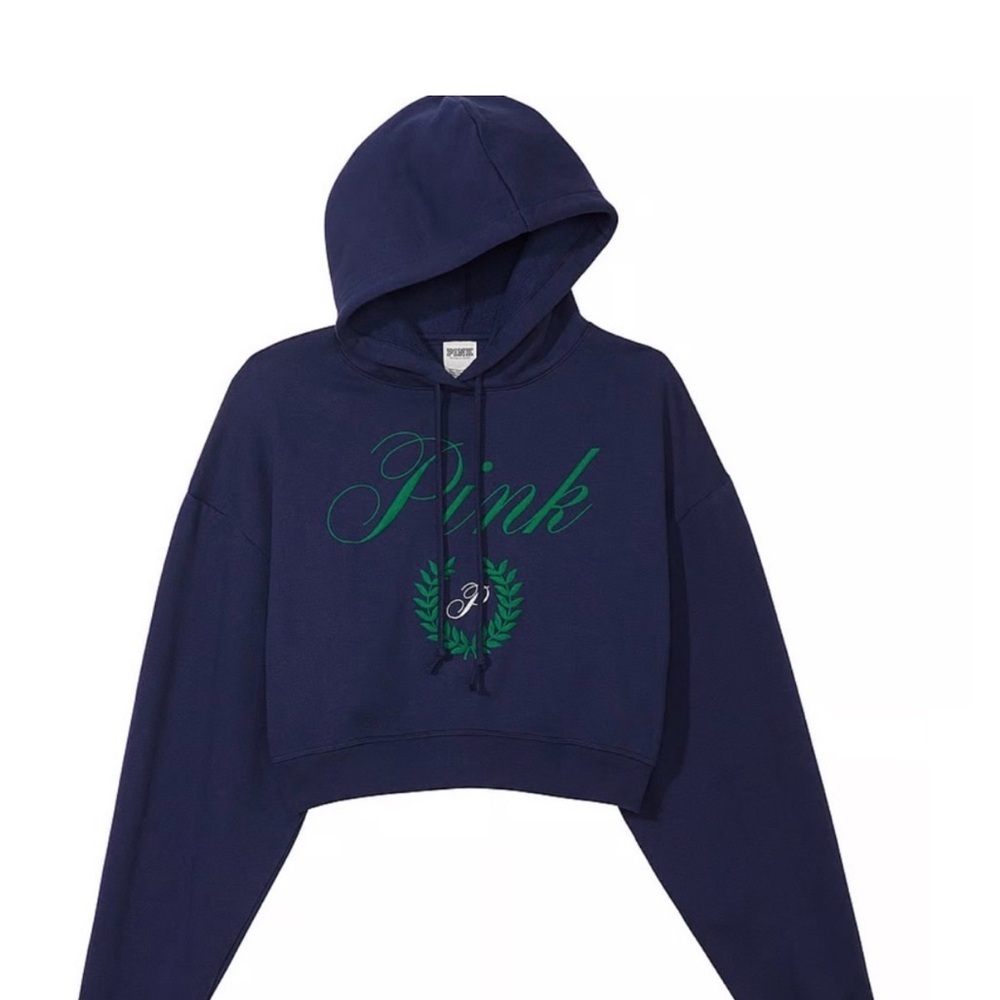 Great condition L PINK Victoria's Secret Navy Cropped Hoodie with Green Logo. - Picture 2 of 10